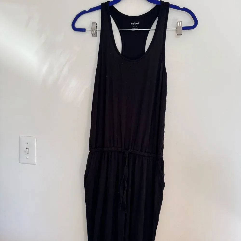 Aerie Track Jumpsuit Drawstring breathable one piece goth minimal Black